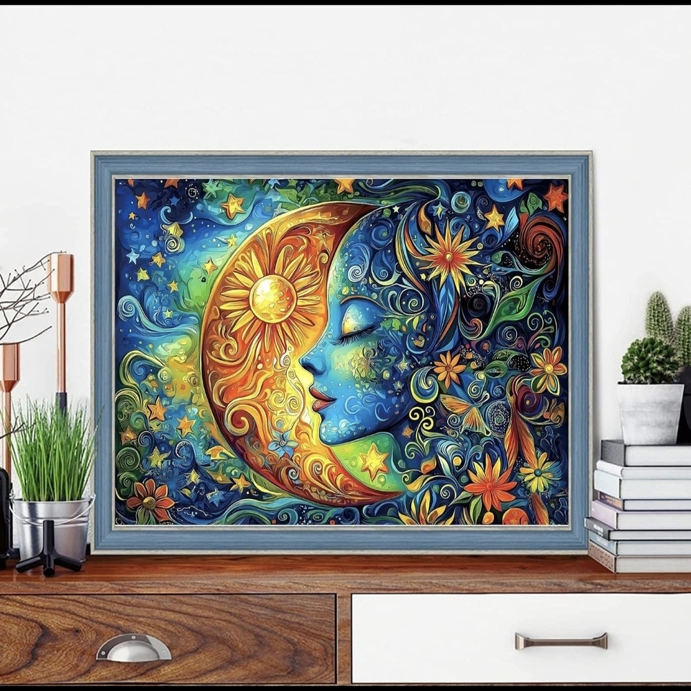 Celestial Half Moon Blue Face Flowers 5D Diamond Painting Kit New - Last One - Picture 2 of 7
